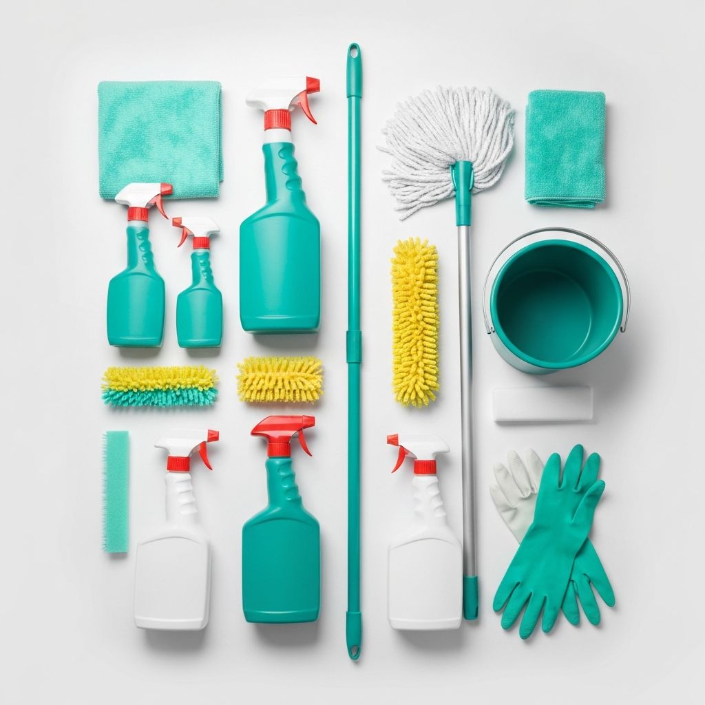 Professional cleaning supplies and equipment neatly arranged — spray bottles, microfibre cloths and tools